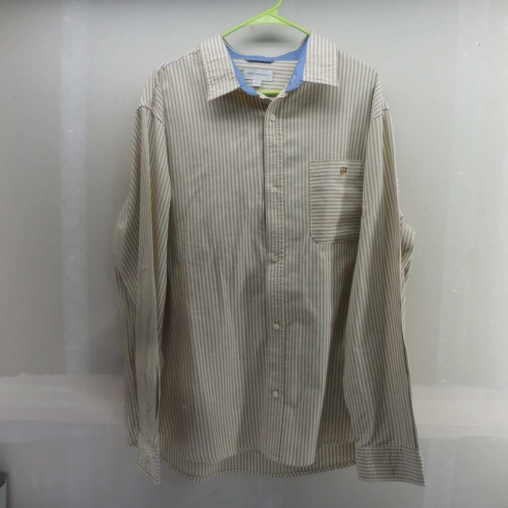 Free Assembly Mens XXL Tan White Striped Long‎ Sleeve Button Down Shirt
